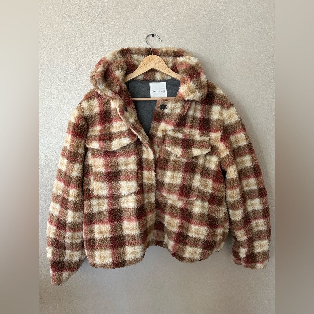 Avec Les Filles Anthropologie Sherpa Faux Shearling Plaid Trucker Jacket Size L